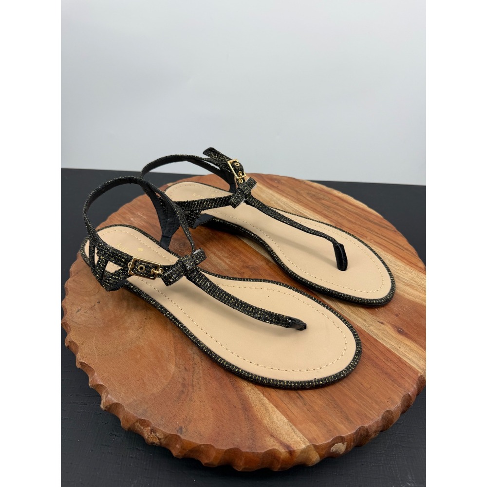 Kate Spade New York T-Strap Sandals Women 10M Black Gold Metallic Bow Flat